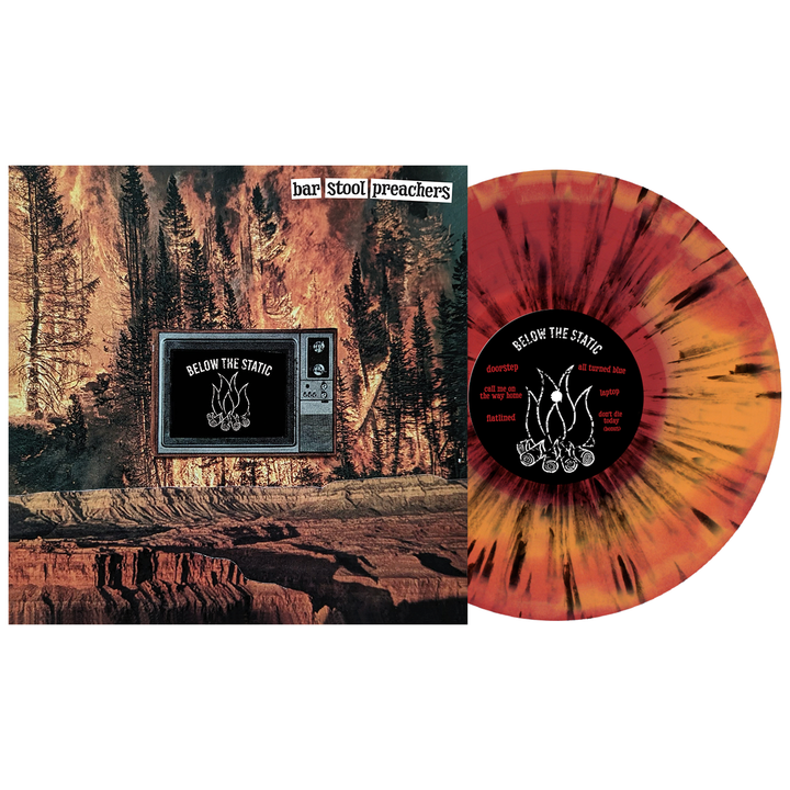 Vinyl record with colorful splatter pattern next to its album cover.